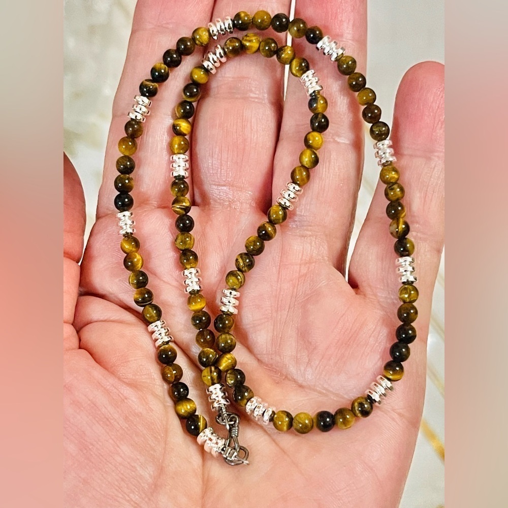 Southwest style Tiger's Eye Stone Beads Hematite Necklace Sterling Clasp 18”